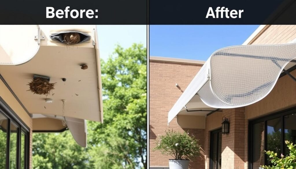 Before and after comparison of an awning protected with bird netting showing the difference in cleanliness and appearance