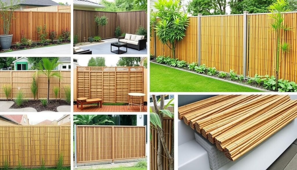 Various bamboo fence styles installed in different outdoor settings