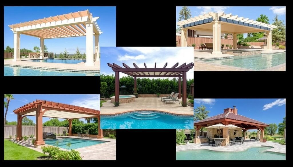 Various pergola styles shown around different pool designs