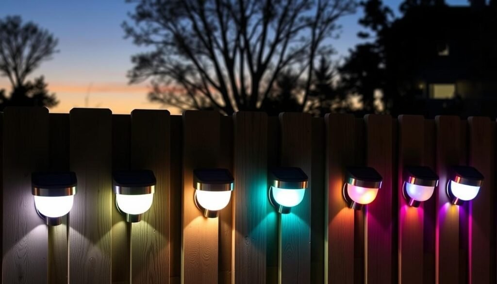 Various solar fence lights installed on a wooden fence at dusk, showing different brightness levels and color options